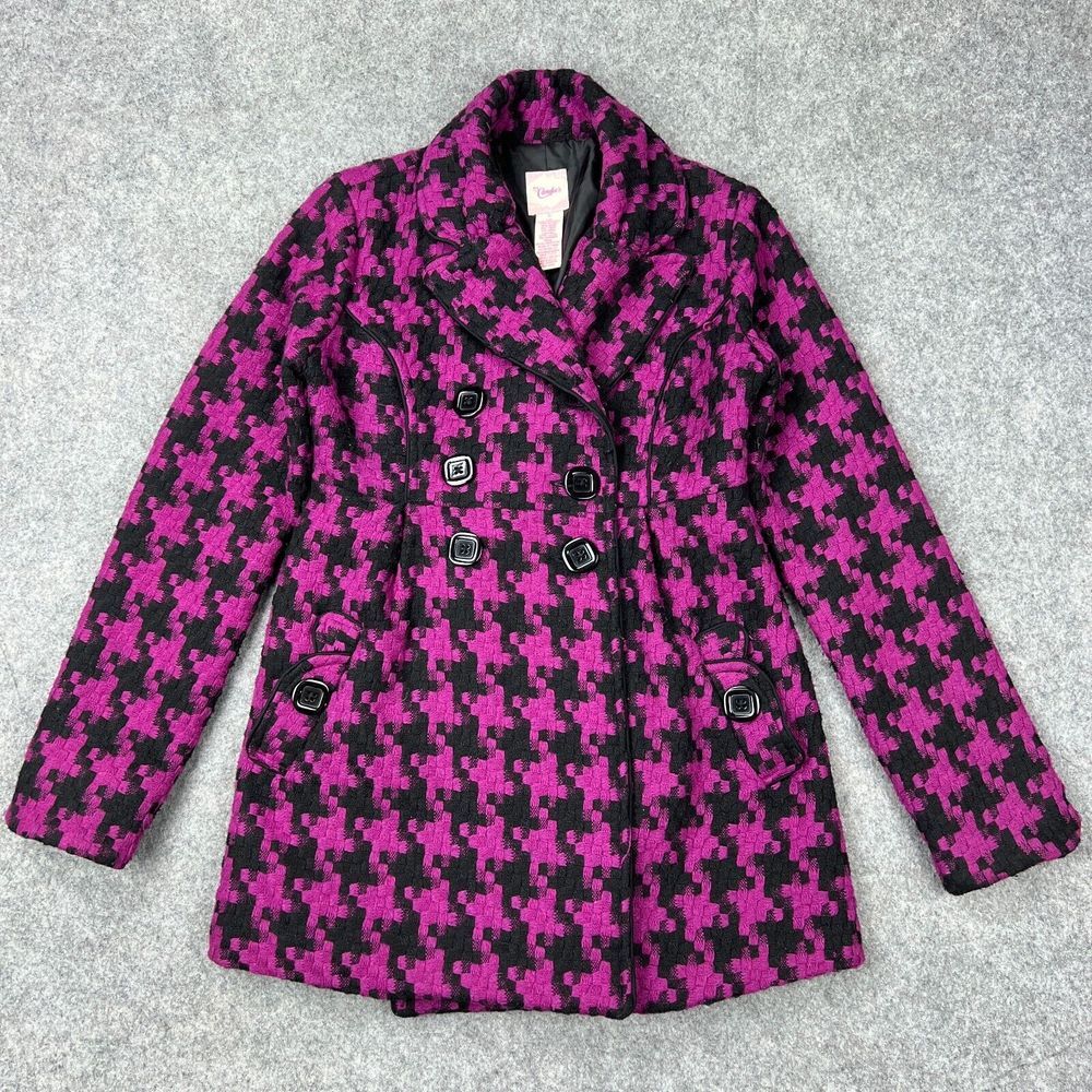 VTG Candies Pea Coat‎ Womens Small Purple Houndstooth Wool Double Breasted Y2K